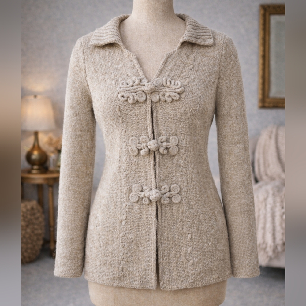 Coldwater Creek Beige Knit Cardigan Sweater with Decorative Closures